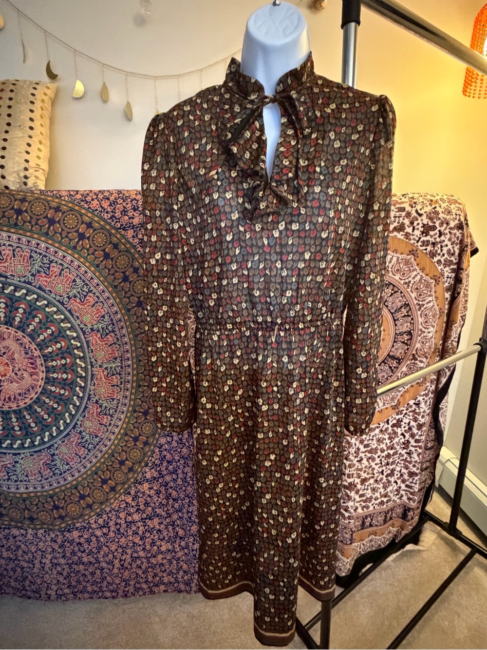 Brown Floral Tie-Neck Long Sleeve Dress